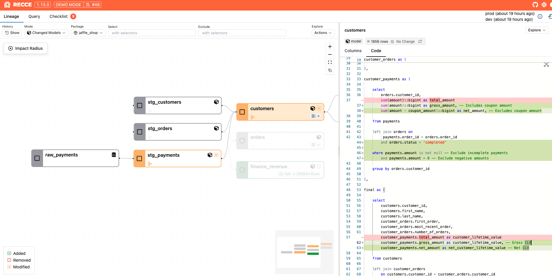 Review the code changes by clicking the customers model