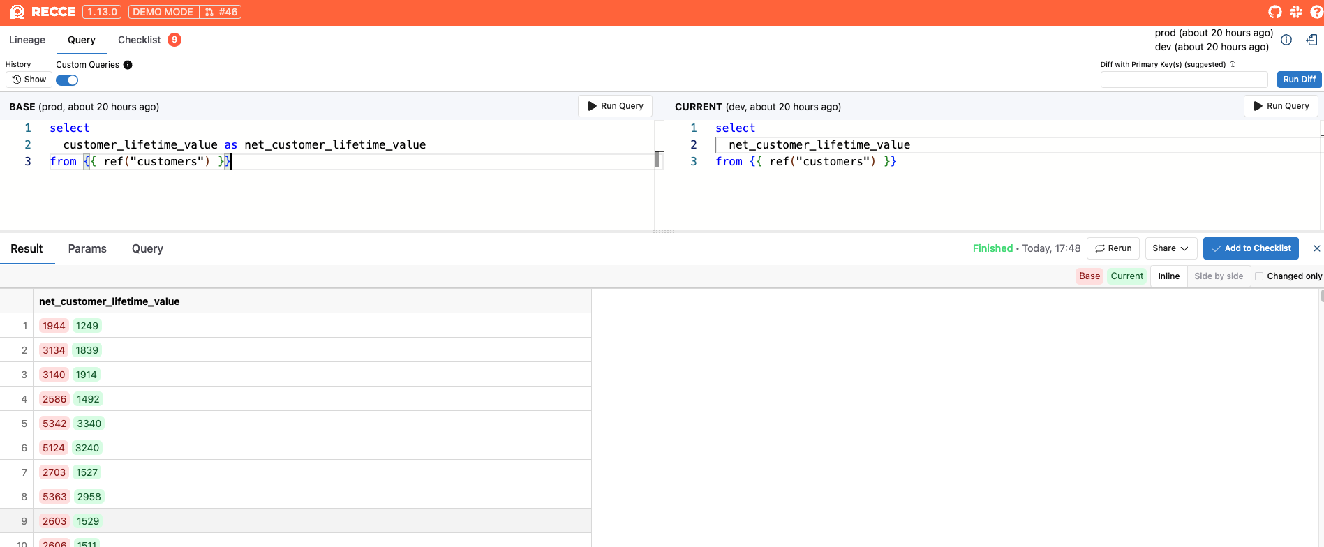 custom query compare changes