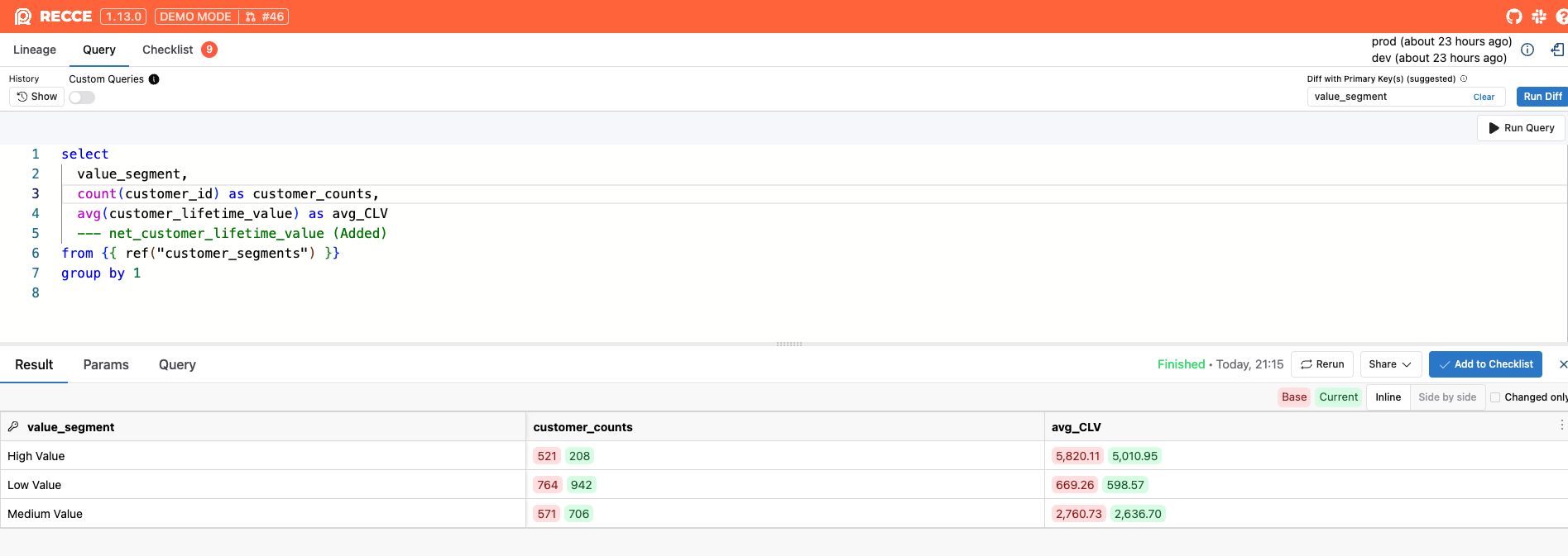 suggestions with data diffing