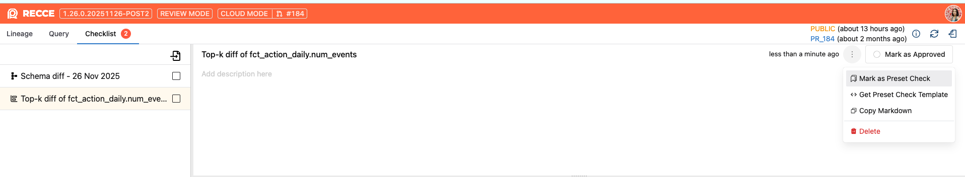 Mark as Preset Check in checklist