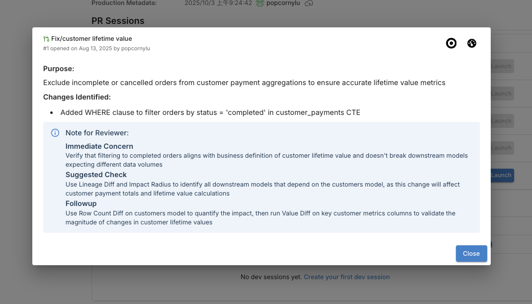 AI assistant summary in Recce Cloud