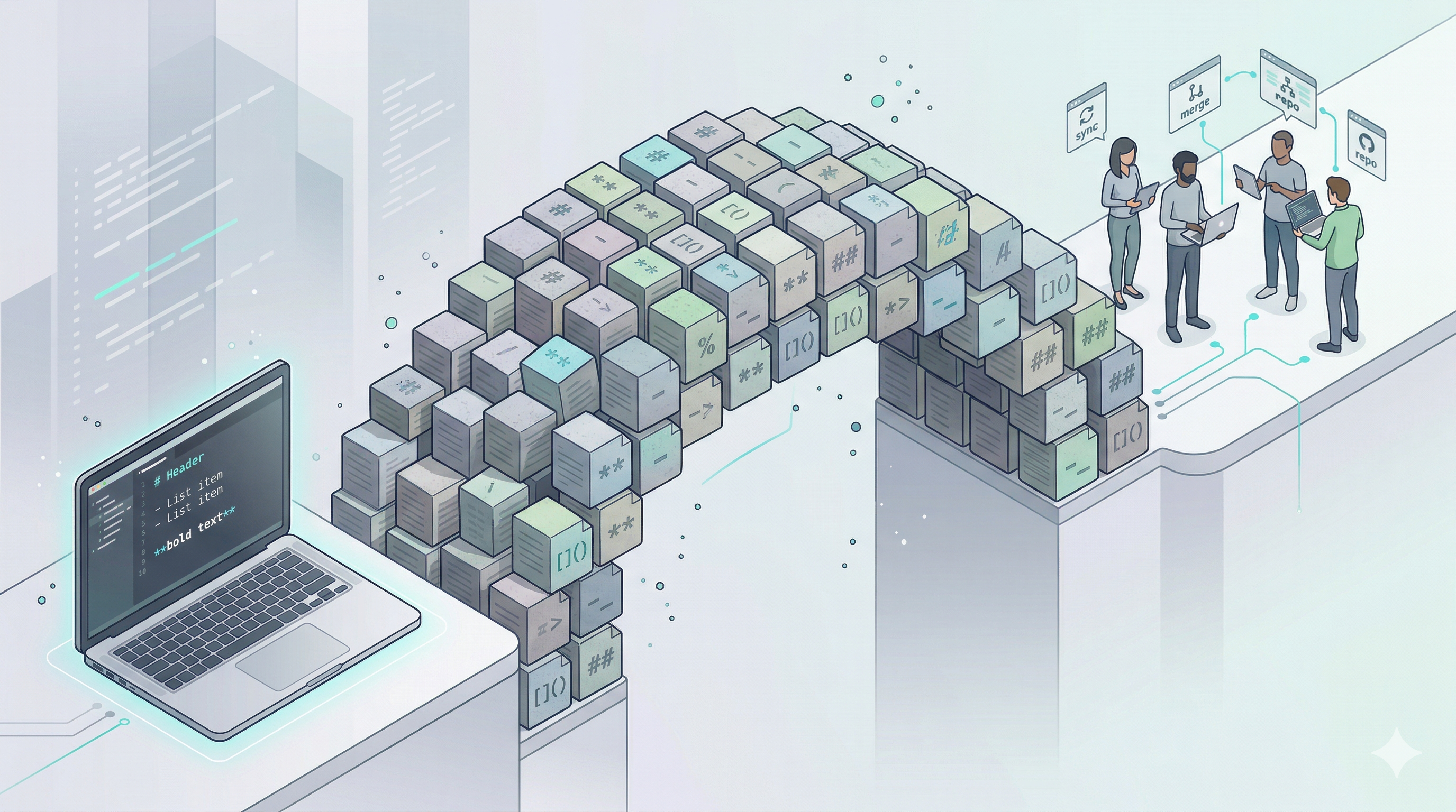 Isometric illustration of markdown files stacked as building blocks, forming a bridge from a single laptop to a group of developers, representing AI skills scaling from personal workflow to team infrastructure. 