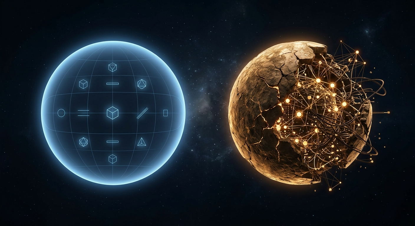A digital sphere with geometric symbols floats beside a cracked planet. The planet glows with interconnected golden lights.