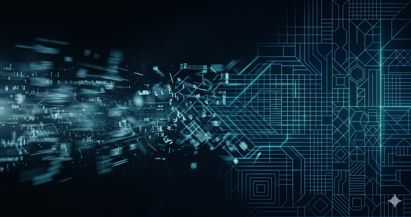 Digital abstraction of glowing blue codes and lines transitioning into a grid pattern on a dark background, symbolizing data transfer and technology.