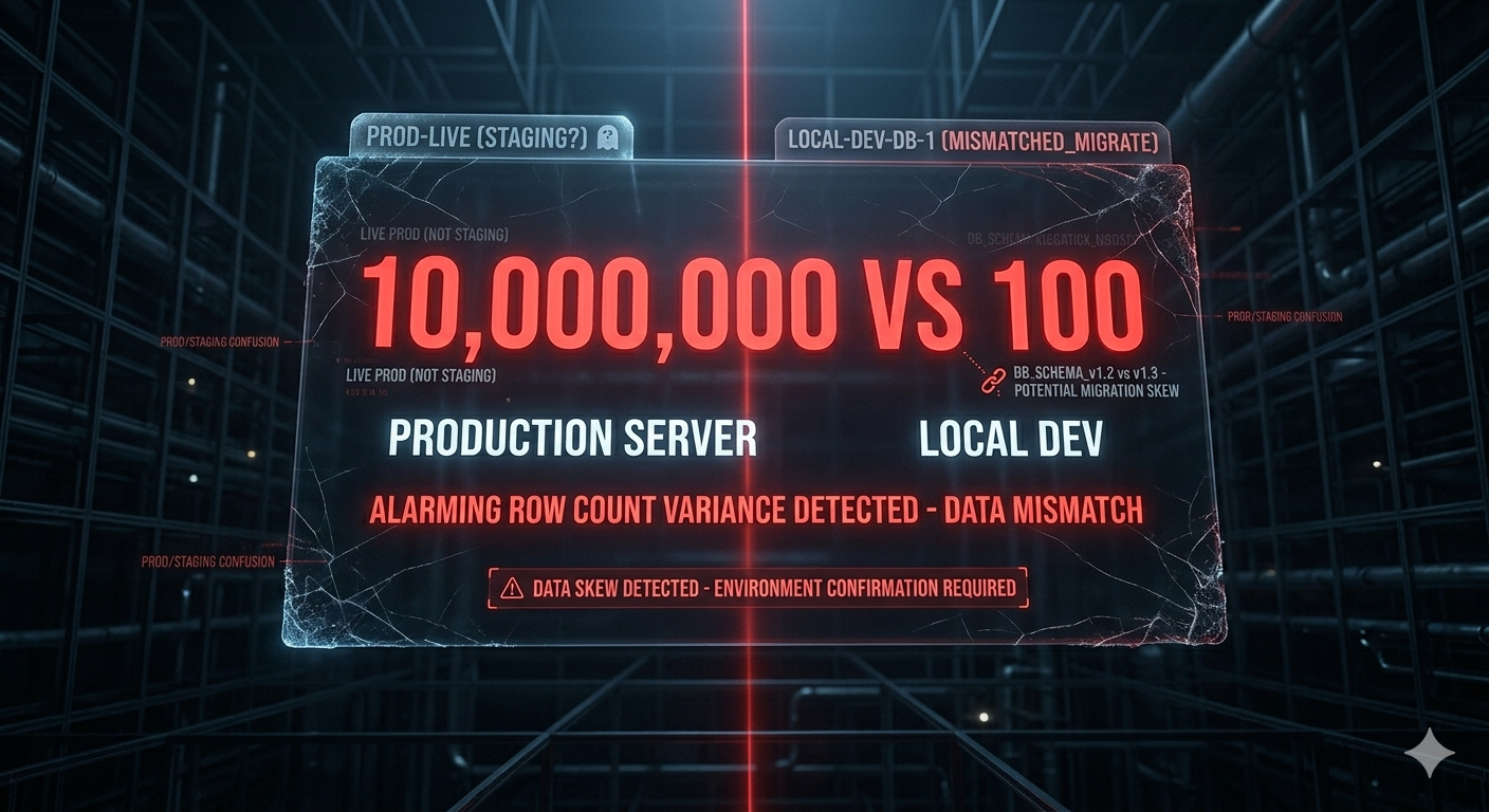 A digital comparison displaying 10,000,000 versus 100, highlighting a discrepancy between the production server and local development. Words like 'alarming row count variance detected' and 'data mismatch' signal a critical issue. Futuristic grid backdrop enhances the urgency of the data skew and environment confirmation error.